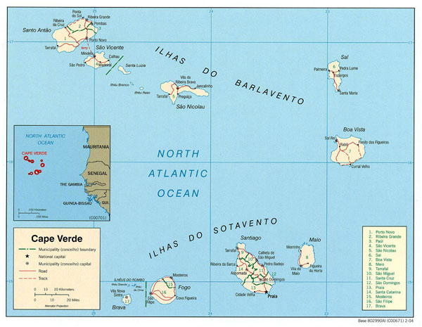 Detailed political and administrative map of Cape Verde with all roads and cities.