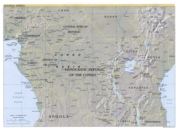 Large political map of Central Africa with relief - 2001.