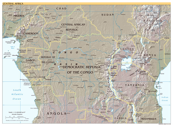 Large scale political map of Central Africa with relief - 1999.