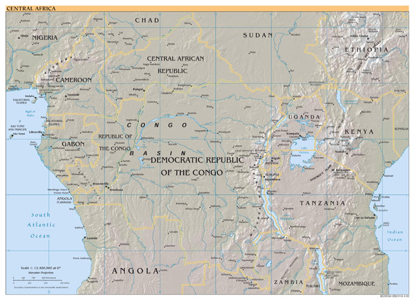 Large scale political map of Central Africa with relief and major cities - 2000.