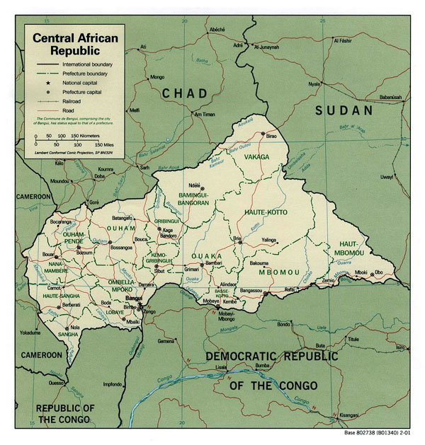 Detailed administrative map of Central African Republic with cities and highways.