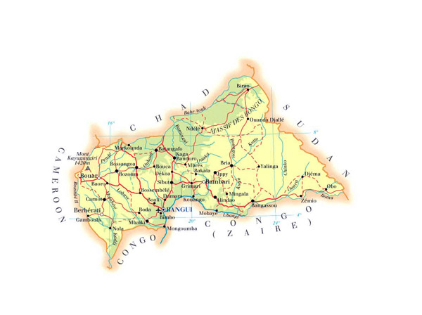 Detailed physical and road map of Central African Republic. Central African Republic physical and road map. Detailed physical and road map of Central African Republic.