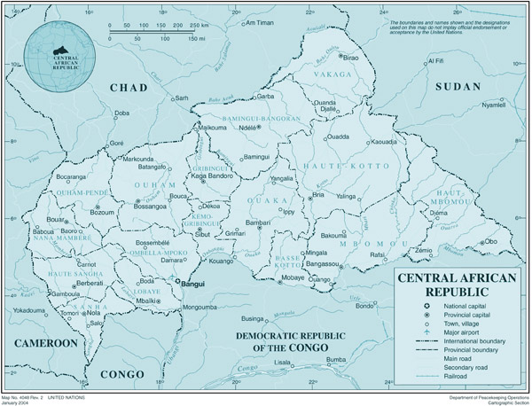 Detailed political and administrative map of Central African Republic with all cities and airports.