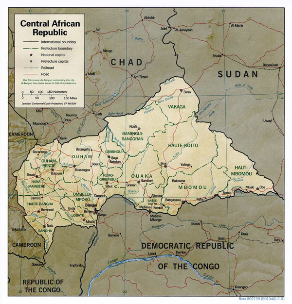 Detailed relief and political map of Central African Republic.