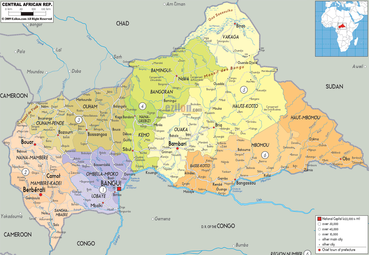 Large detailed administrative map of Central African Republic with all
