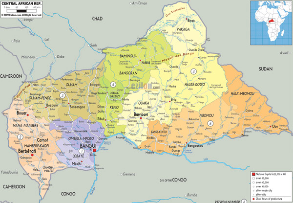 Large detailed administrative map of Central African Republic with all cities, roads and airports.