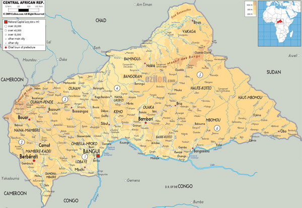 Large detailed physical map of Central African Republic with all cities, roads and airports.