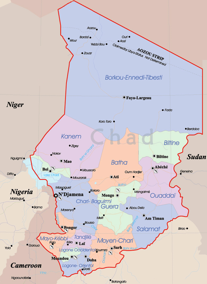 Detailed administrative map of Chad with cities.