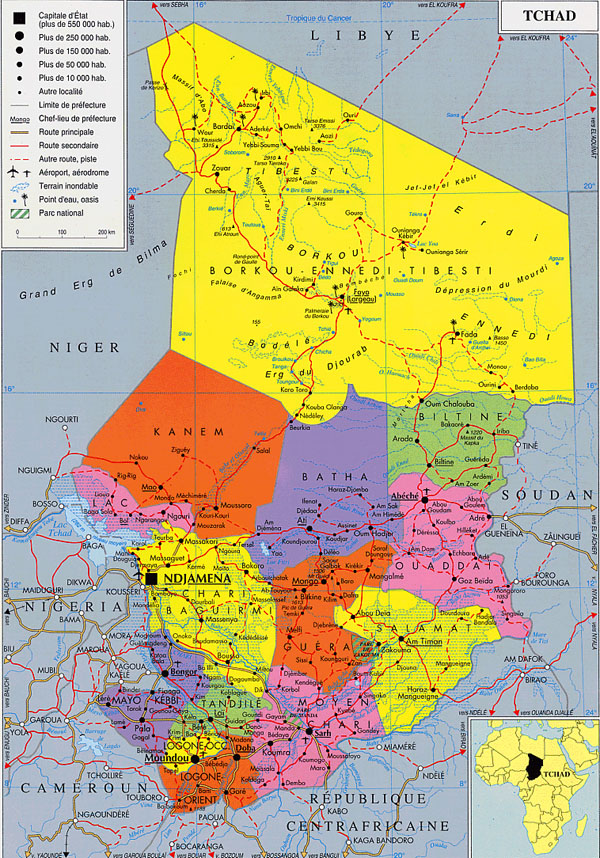 Detailed administrative map of Chad with roads.