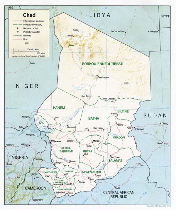 Detailed relief and political map of Chad.