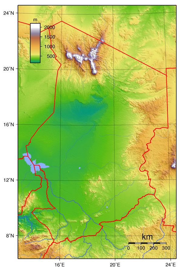 Detailed topographical map of Chad. Chad detailed topographical map.