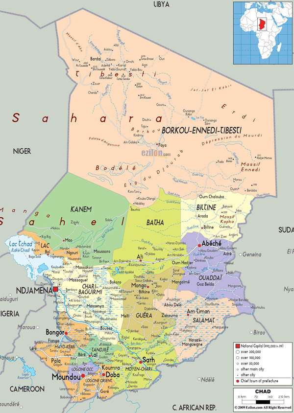 Large detailed administrative map of Chad with all cities, roads and airports.