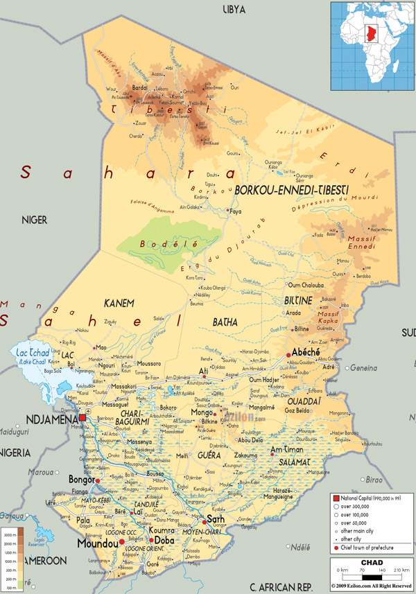 Large detailed physical map of Chad with all cities, roads and airports.