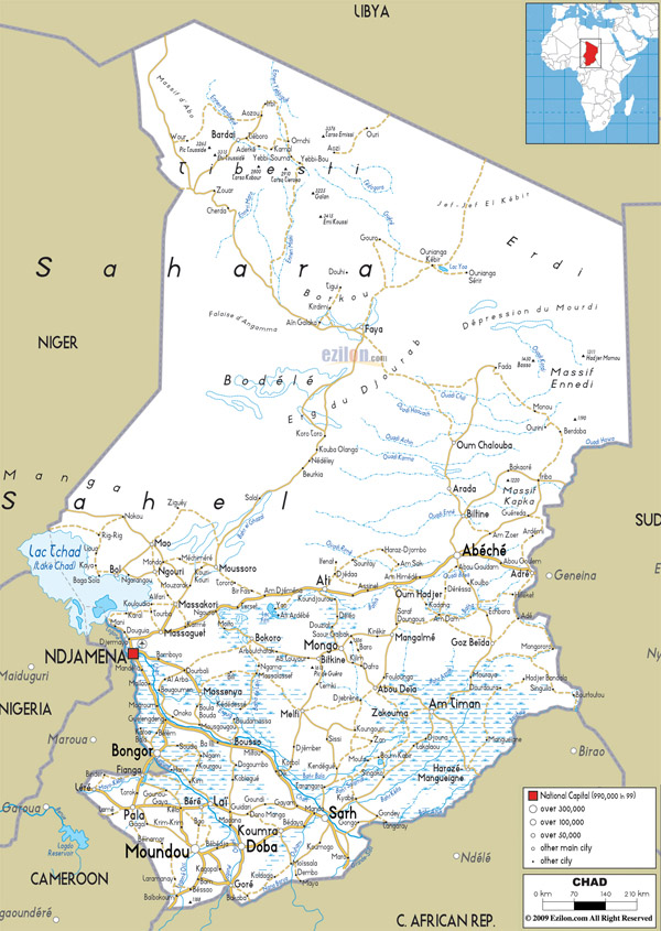 Large detailed road map of Chad with all cities and airports.