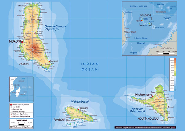 Detailed physical map of Comoros with cities, roads and airports.