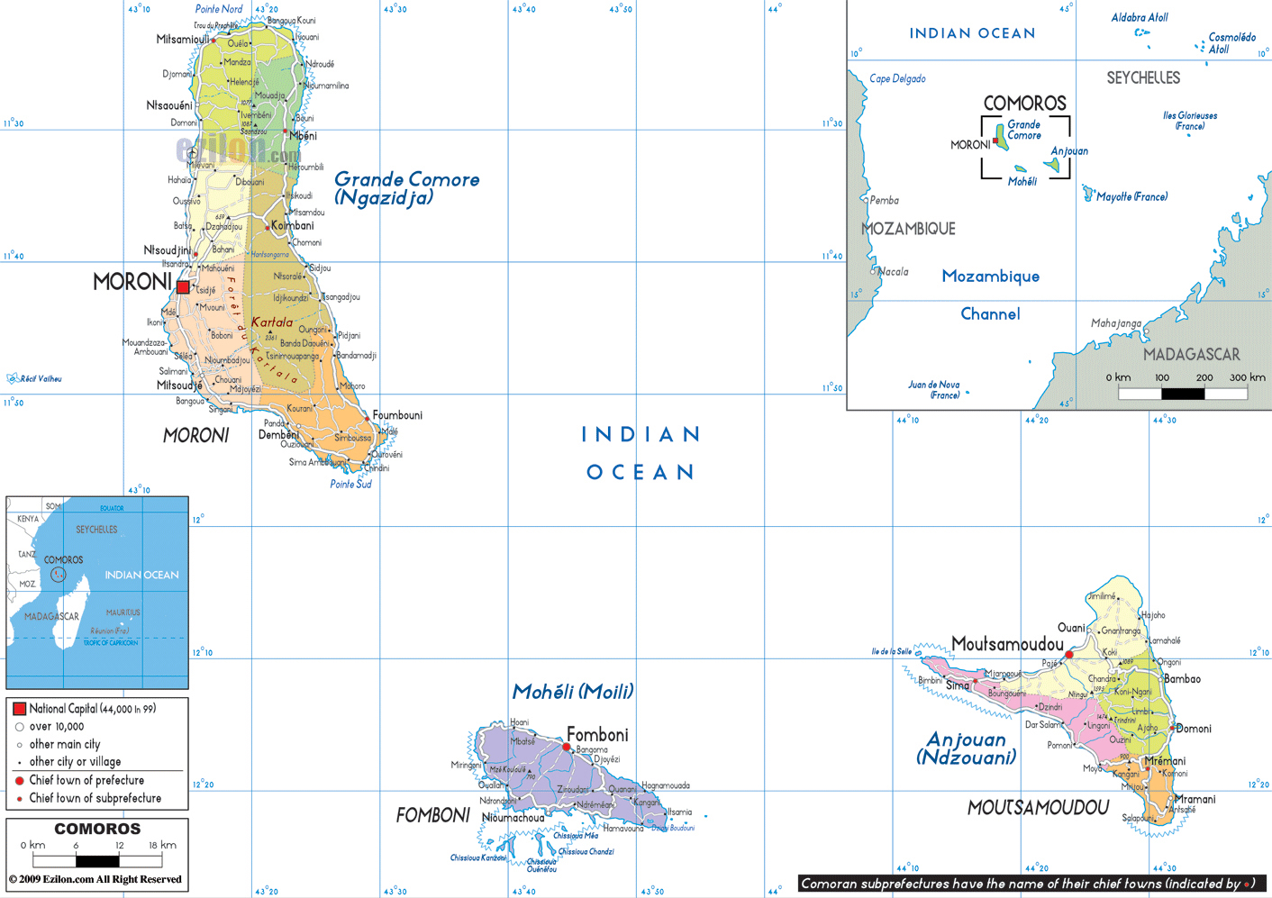 detailed political and administrative map of comoros with cities roads and airports