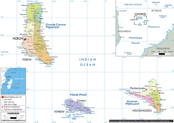 Detailed political and administrative map of Comoros with cities, roads and airports.