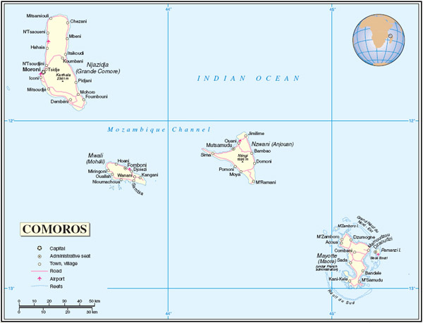 Detailed political map of Comoros and Mayotte with cities, roads and airports.