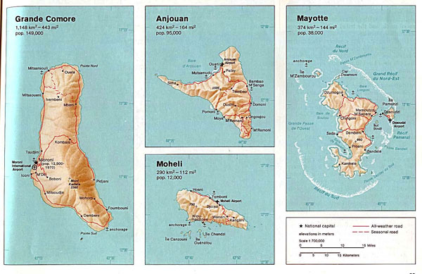 Detailed relief and road map of Comoros and Mayotte.