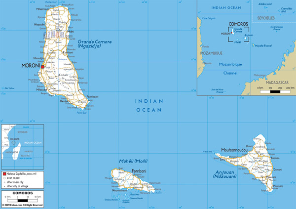 Large detailed road map of Comoros with all cities.