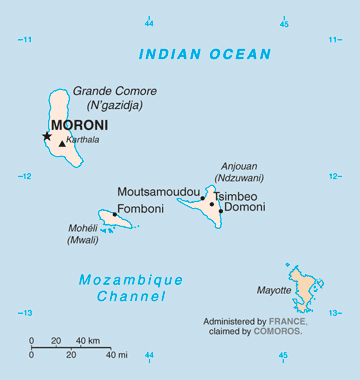 Map of Comoros and Mayotte. Comoros and Mayotte map.