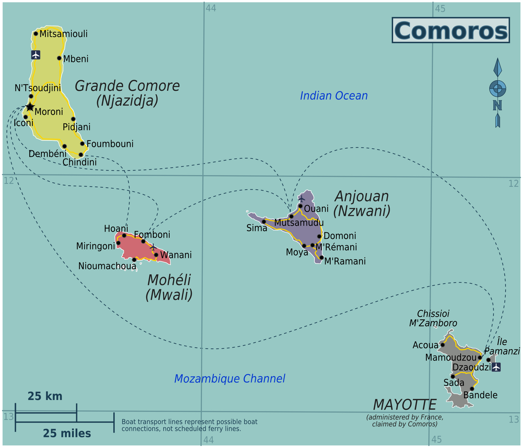 Political map of Comoros and Mayotte with cities roads and airports