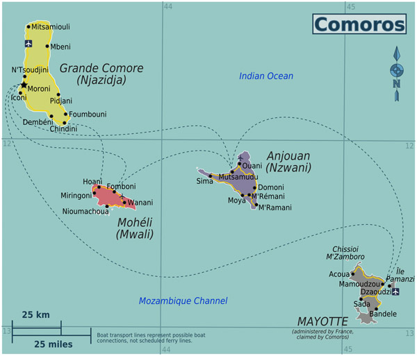 Political map of Comoros and Mayotte with cities, roads and airports.