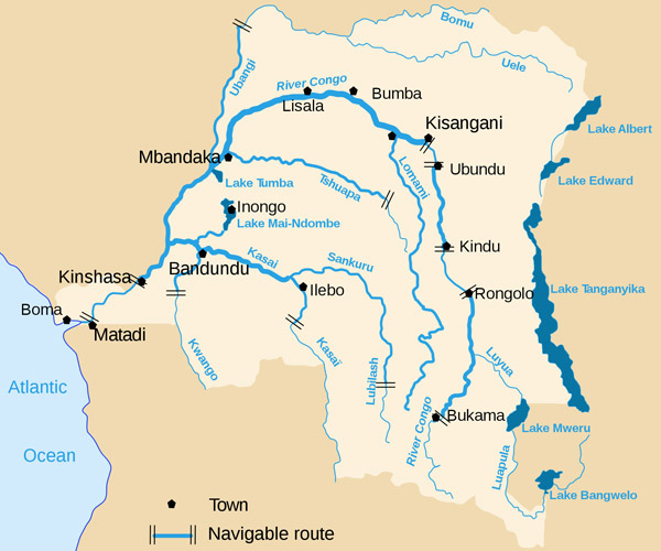 Congo Democratic Republic detailed map of river and lakes.