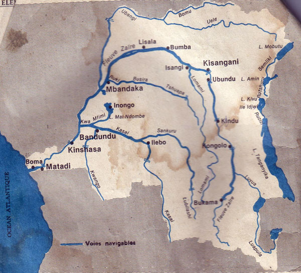 Detailed map of river and lakes of Congo Democratic Republic.