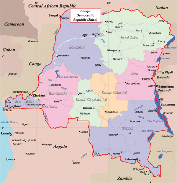 Detailed administrative map of Congo Democratic Republic.