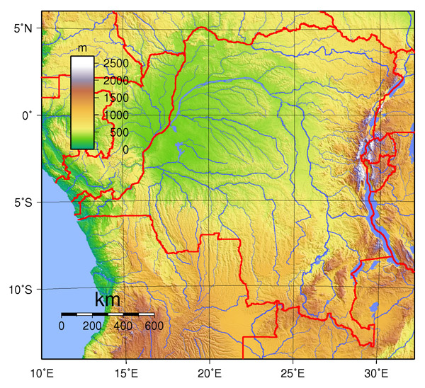 Detailed physical map of Congo Democratic Republic (Zaire).