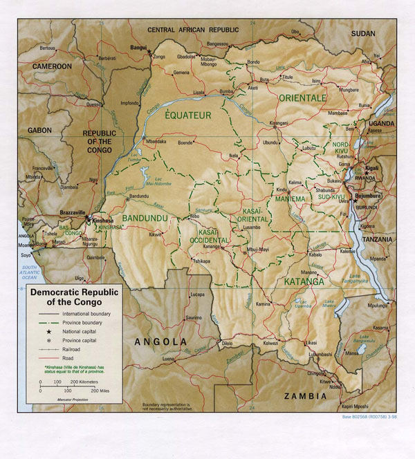 Detailed relief and political map of Congo Democratic Republic with roads, regions and cities.