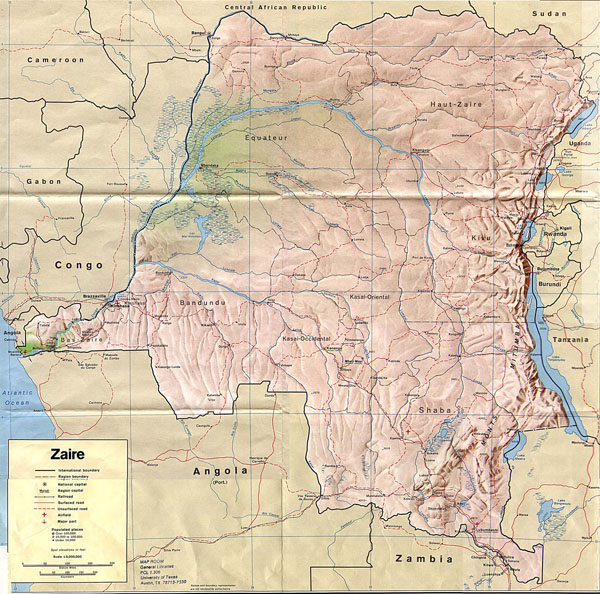 Detailed relief map of Zaire. Zaire detailed relief map.