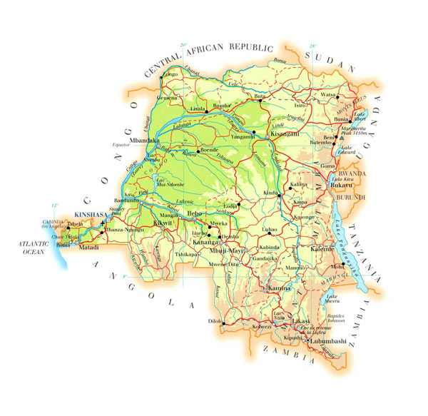 Detailed road and physical map of Congo Democratic Republic.