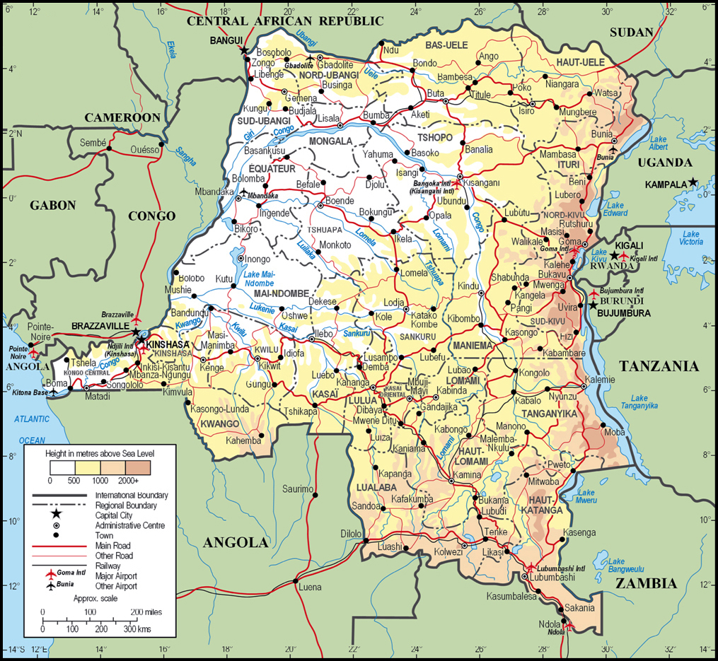 Large detailed physical and administrative map of Congo Democratic Republic with all cities