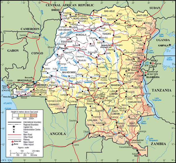 Large detailed physical and administrative map of Congo Democratic Republic with all cities, roads and airports.