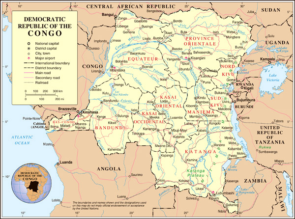 Large detailed political and administrative map of Congo Democratic Republic with all cities and roads.