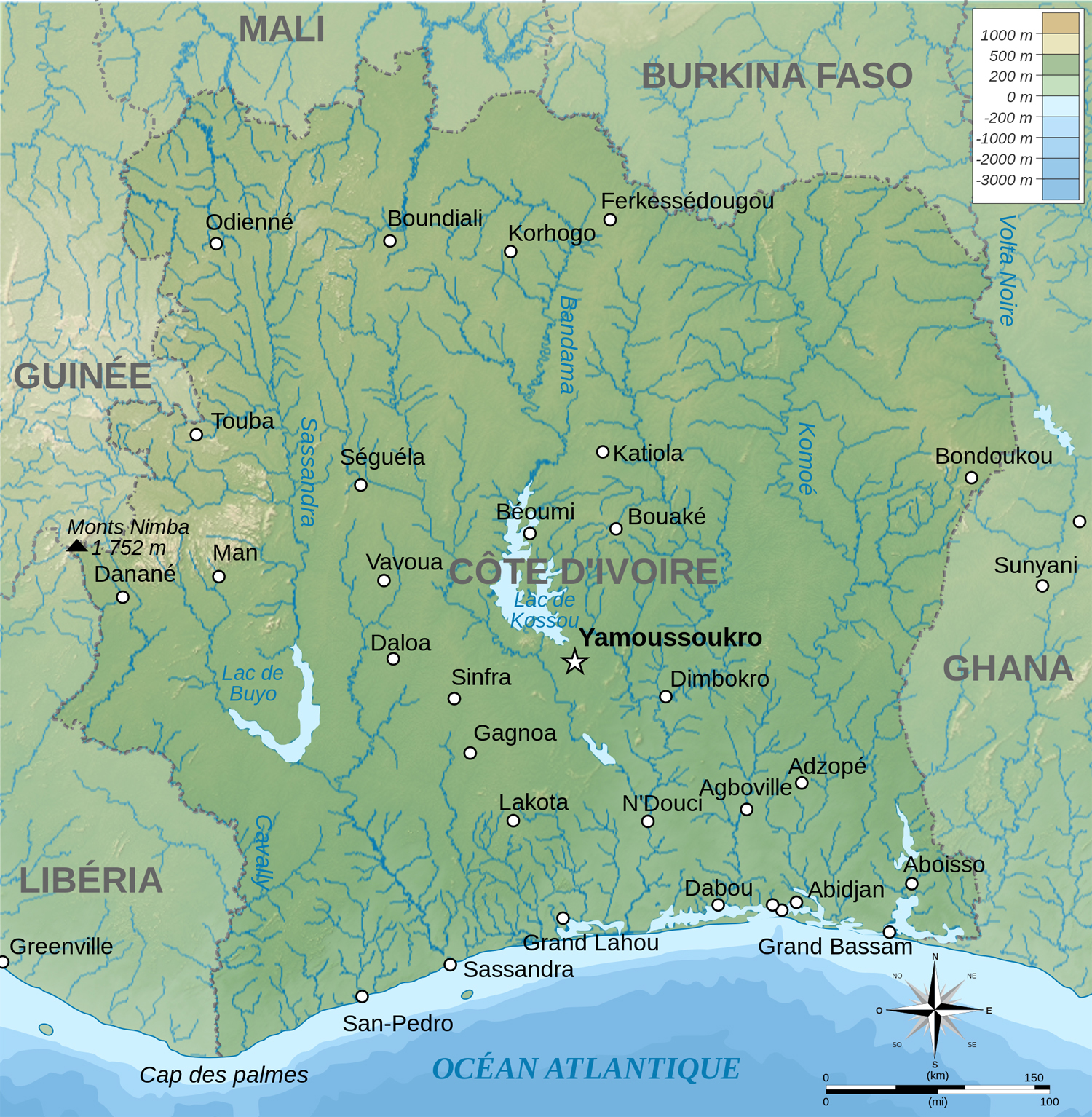 Physical map of Cote d'Ivoire. Cote d'Ivoire physical map | Vidiani.com ...