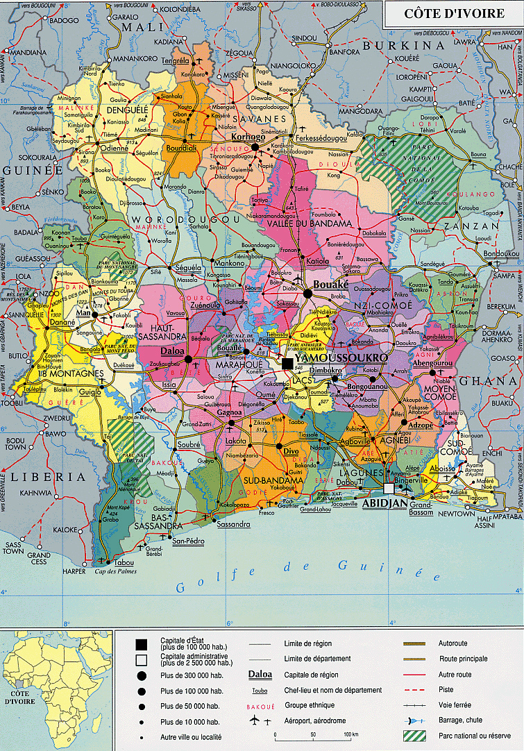 Administrative map of Cote d’Ivoire with all cities, roads and airports