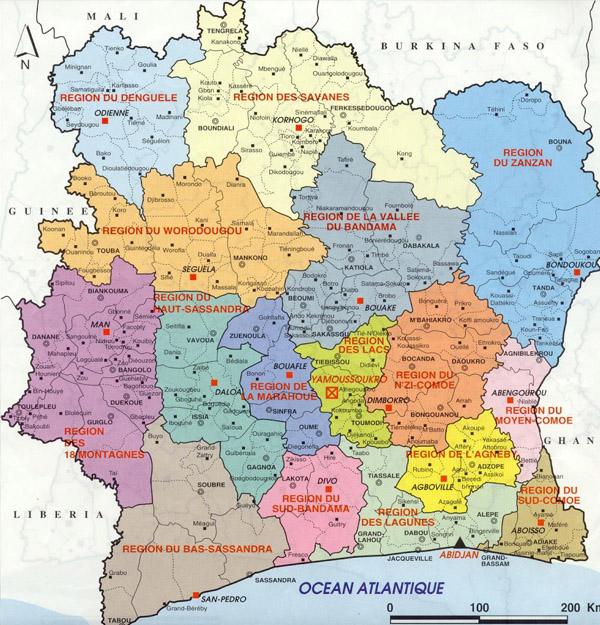 Detailed administrative map of Cote d’Ivoire with all cities.