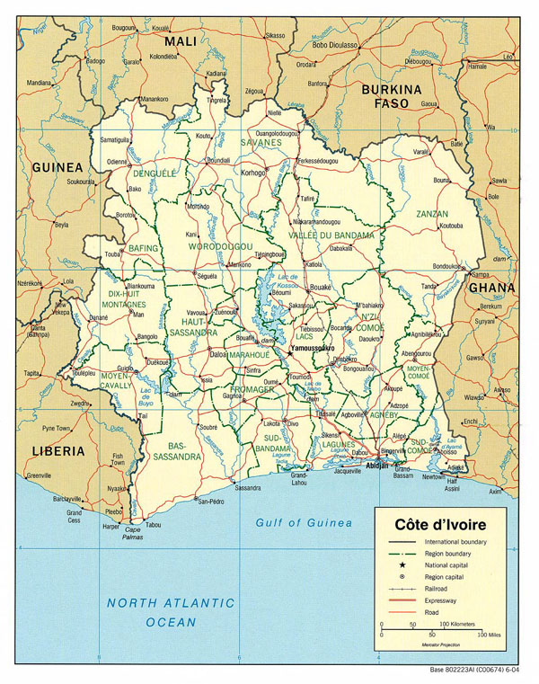 Detailed political map of Cote d’Ivoire with regions.