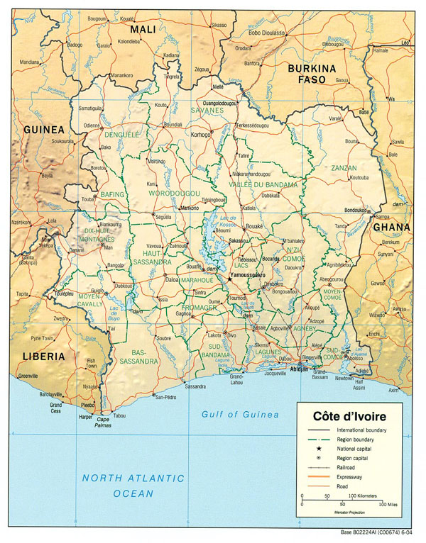 Detailed relief and administrative map of Cote d’Ivoire with all cities and roads.