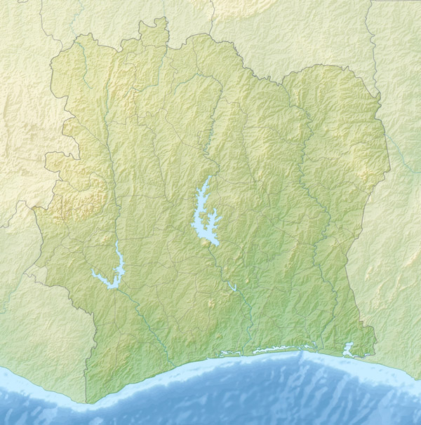 Detailed relief map of Cote d’Ivoire. Cote d’Ivoire detailed relief map.