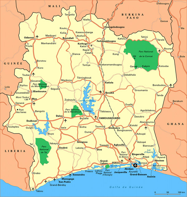 Detailed road map of Cote d’Ivoire with cities and airports.