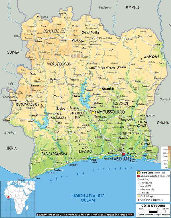 Large detailed physical and road map of Cote d’Ivoire.