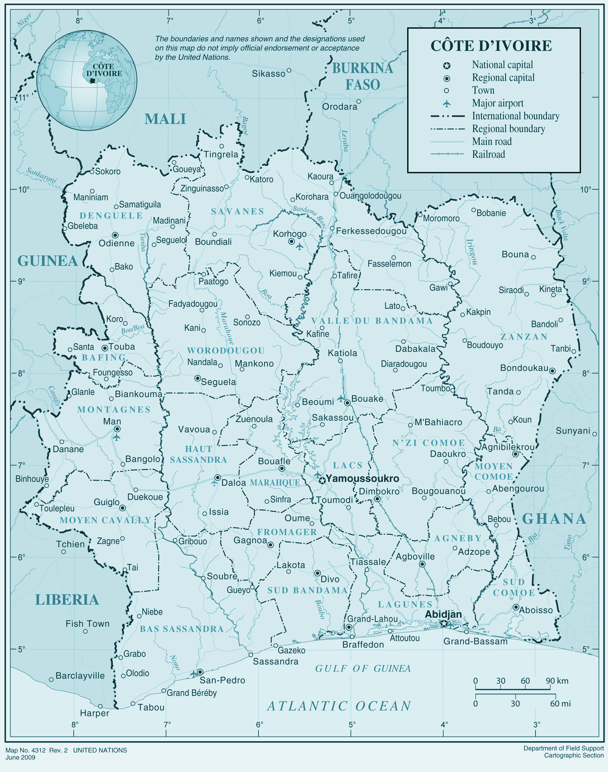 Large detailed political and administrative map of Cote d’Ivoire