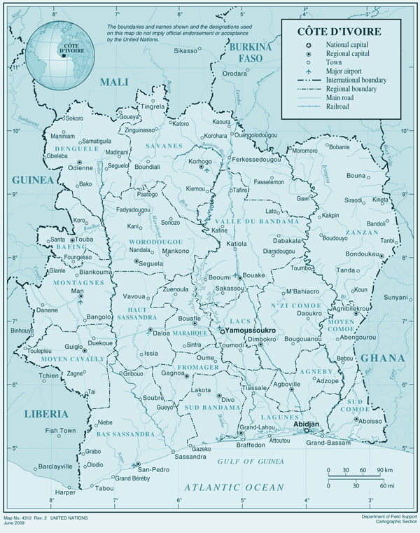 Large detailed political and administrative map of Cote d’Ivoire.