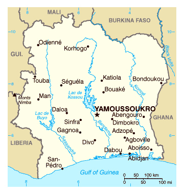 Map of Cote d’Ivoire. Cote d’Ivoire map.