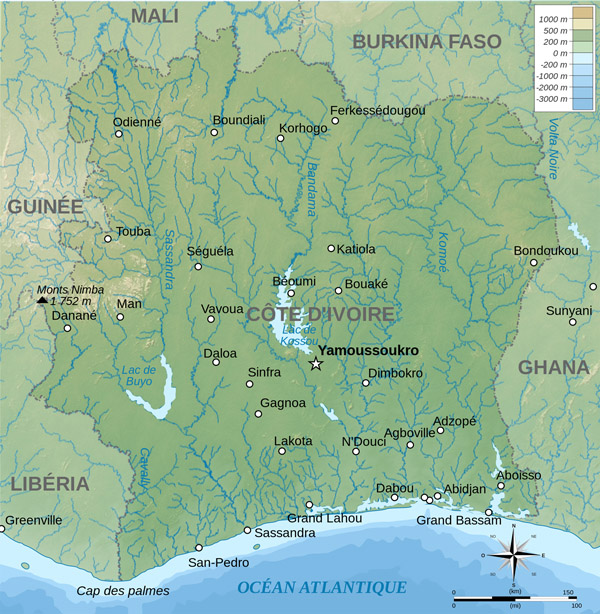 Physical map of Cote d’Ivoire. Cote d’Ivoire physical map.