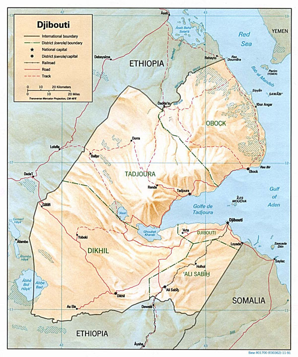 Detailed relief and political map of Djibouti.